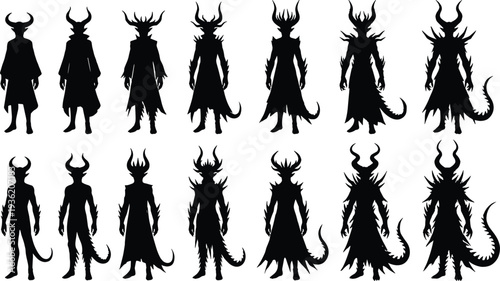 Dark fantasy creature evolution silhouettes showing horned demon transformation stages, monstrous metamorphosis progression concept art for character design and storytelling