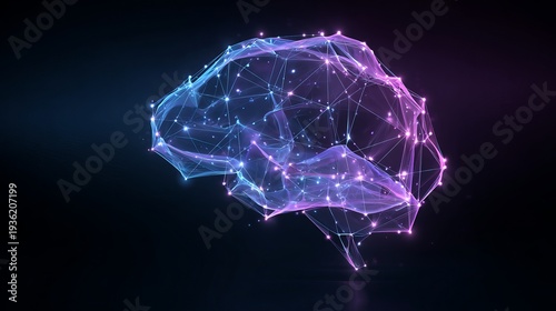 A futuristic digital illustration of a human brain with glowing purple and blue neural connections on a dark background
