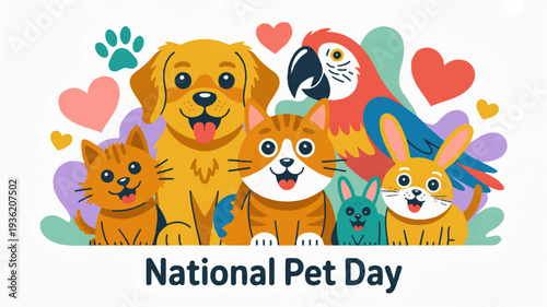 Colorful pets celebrate national pet day with hearts and love featuring a dog cat parrot and rabbit in a vibrant illustration