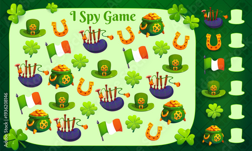 St Patrick Day I spy game worksheet with cartoon clovers, leprechaun hat and gold pot, lucky horseshoe, Ireland flag and bagpipe. Vector puzzle quiz of matching Irish St Patrick holiday objects
