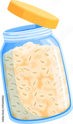 Cartoon glass jar filled with oats and oatmeal flakes with open lid. Vector isolated cereal grain storage, transparent container for healthy breakfast ingredient, food preparation and kitchen supply
