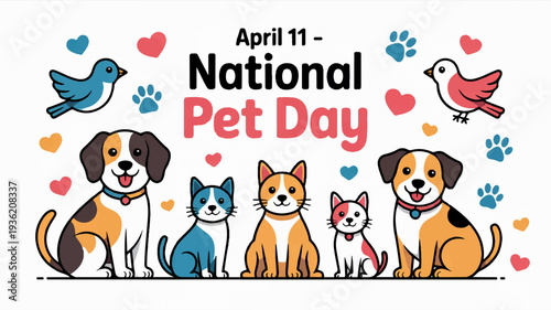 National pet day illustration with cartoon dogs and cats hearts and birds on april 11 symbolizing love and companionship for pet owners and animal lovers