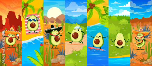 Cartoon Mexican avocado vector characters with sombreros, maracas, musical trumpets, yoga pose and beach activities. Surrounded by desert landscape, coast and blue sky. Avocado personages collage