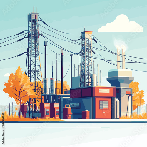 Detailed vector illustration showcasing a modern electrical power substation with high-voltage transformers