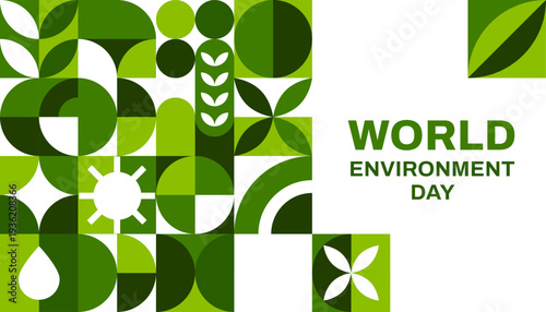World Environment Day poster with geometric pattern of vector ecology concept. Green leaves, drops, sun and abstract geometric shapes pattern for World environment Day poster or eco concept