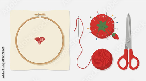 Vector illustration displaying essential embroidery and cross stitch crafting tools including a hoop needle thread scissors and a tomato pin cushion supply arrangement