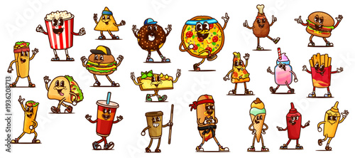 Cartoon groovy fast food characters of retro hippie burgers, drinks and junk snacks. Vector groovy fast food hamburger, pizza and chicken, cute ice cream, hot dog, soda and taco, popcorn and coffee