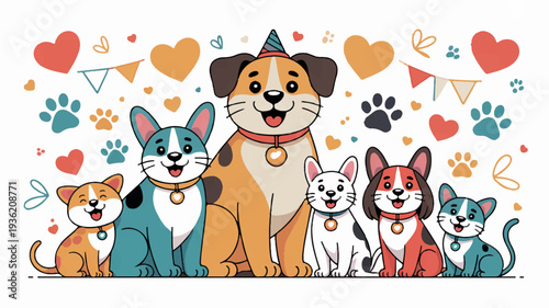 Colorful cartoon pets with party hats and hearts around them cute animals celebrating