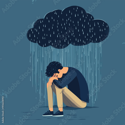 Depressed man sitting on his own shoulder while his large head is filled with rain from a dark cloud representing sadness and mental health. , vector style simple color