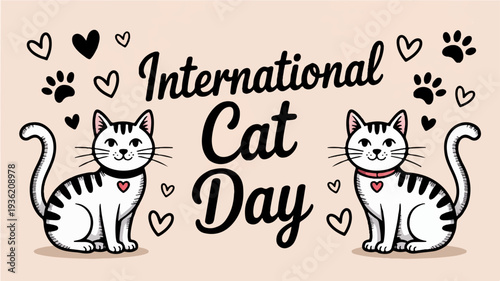 International cat day celebration with two adorable cats and hearts on a pink background