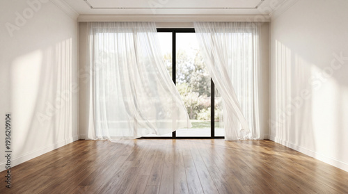 Modern minimal living room featuring wood floor with a large window elegant contemporary white room ,Color of the Year 2026 – Cloud Dancer ,copy space ,empty room.3Drender