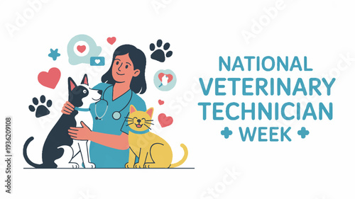 Veterinary technician week illustration with woman dog cat and medical symbols celebrating national veterinary technician week