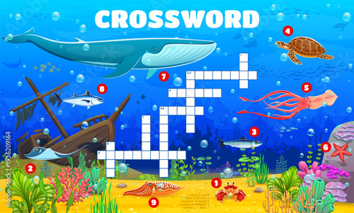 Crossword quiz game grid with underwater sea animals. Cartoon vector kids worksheet riddle featuring marine creatures like crab, stingray, sardine, turtle, squid, starfish, whale, tuna and cuttlefish