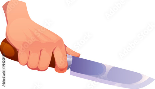 Cartoon human hand holding kitchen knife. Vector isolated cooking preparation process with sharp metal blade and wooden handle. Culinary utensil for food cutting action, for kitchen and cook food