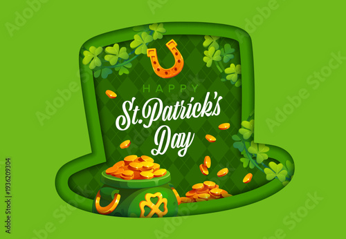 Paper cut leprechaun green hat St Patrick Day greeting card. Vector 3d paper cut top hat frame with cartoon St Patrick Day leprechaun gold pot, green shamrock clover leaves, golden coins and horseshoe