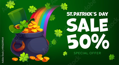 Happy St Patrick Day sale vector banner of green clovers and gold. St Patrick Day Irish holiday half price sale offer flyer of cartoon leprechaun gold pot, hat and coins on rainbow with green shamrock