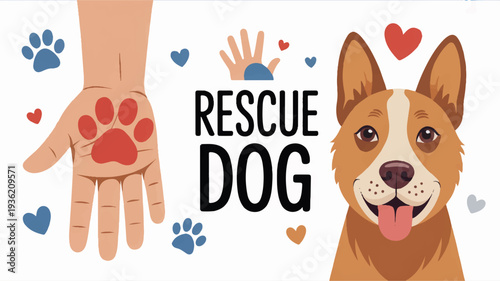 Rescue dog adoption concept with hand and paw print surrounded by hearts