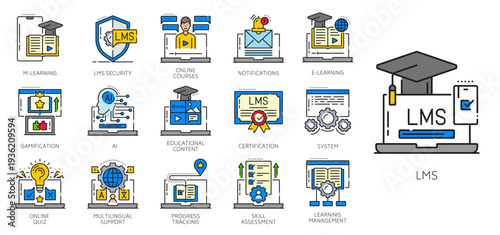 LMS learning management system color line icons of virtual education, vector set. LMS icons of online courses, skills assessment and certification, AI educational content, and LMS software tools