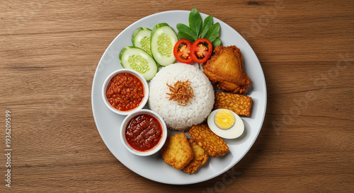 Wallpaper Mural Top-down view of a traditional Indonesian meal featuring steamed white rice, fried chicken, fried tempeh, boiled egg, fresh vegetables, and spicy sambal chili paste, served on a white plate Torontodigital.ca