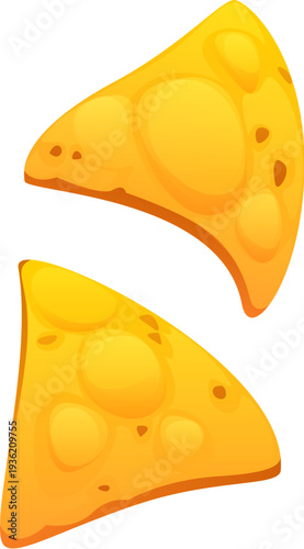Cartoon nachos, fast food tex mex takeaway snack. Vector Mexican golden, crispy corn tortilla chips floating mid air. Crunchy triangles, appetizer chips, fastfood of Mexico, street restaurant dish