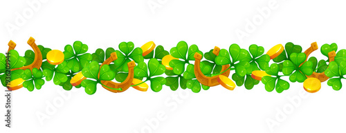 St Patrick Day shamrock clover leaves border. Vector St Patrick Day lucky gold horseshoes, golden coins on green shamrock and clover leaves garland, Irish holiday greeting banner border