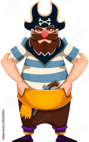 Cartoon pirate captain character, corsair seaman with flintlock and tricorn hat. Isolated vector grumpy sea rover personage with beard and mustaches, ready for high seas adventures and treasure hunts