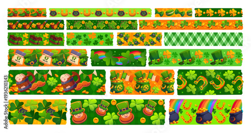 Washi tape St Patrick holiday green adhesive pieces with vector pattern of cartoon clover shamrock leaves, leprechaun hats and gold pots. St Patrick green beer, horseshoe and rainbow washi tape pieces