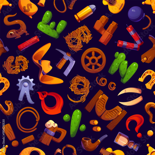 Western cowboy font letters seamless pattern with wild west objects forming alphabet shapes. Vector tile background with cactus, lasso, revolver, boots, hat, dynamite, star and wooden saloon door