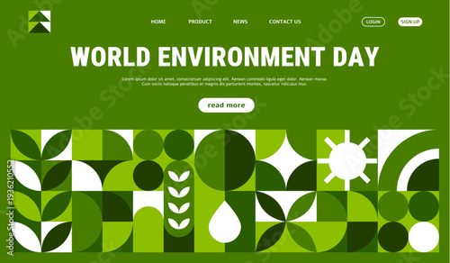 World Environment Day landing page with geometric pattern, vector ecology, green energy and eco concept. Website landing page template with modern geometric pattern border of abstract green shapes