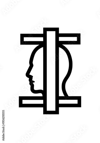Abstract minimalist black and white line art icon representing human mind trapped behind barriers symbolizing psychological constraint or cognitive limitation on transparent background. on transparent