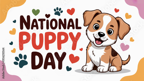 Adorable cartoon puppy illustration for national puppy day with colorful hearts and paw prints on white background