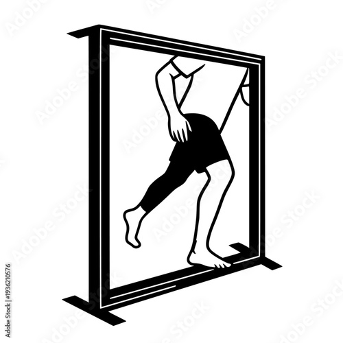 Athlete running through a rectangular frame, symbolizing overcoming challenges, achieving progress, and entering new stages. This versatile black and white vector illustration 