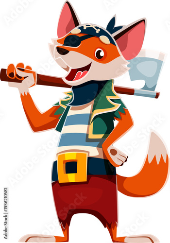 Cartoon fox animal pirate character with eyepatch in green vest or striped sailor shirt. Fox pirate holding a large axe weapon over shoulder. Caribbean corsair animal character in sailor bandana