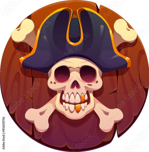 Heraldic pirate skull with crossed bones and captain tricorn hat on wooden round board. Cartoon vector nautical heraldry icon or game asset with Jolly Roger and crossbones represents sea adventure