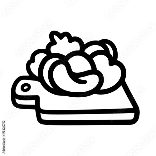Cashew nuts served on a small cutting board with creamy dip in a simple black and white outline icon style for food design.