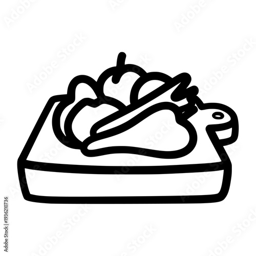 Simple line art icon depicting a wooden cutting board holding various pieces of cooked chicken wings and possibly some vegetables or garnish for serving food.