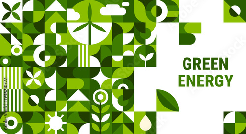 Green energy poster with geometric pattern of abstract leaves, plants and eco wind turbine, sun and clouds. Vector modern geometric shapes pattern for ecology poster, green energy, environment concept