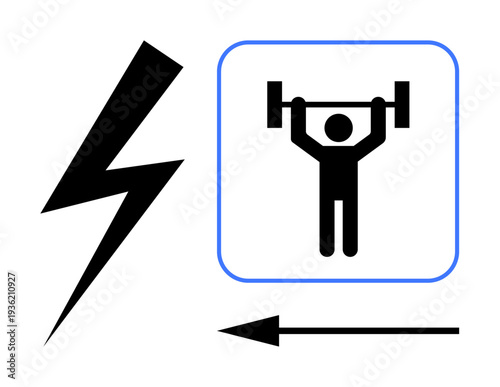 Strength training concept. Strength icons a weightlifter symbol, lightning bolt, and directional arrow. Strength for fitness, energy, empowerment, progress, motivation