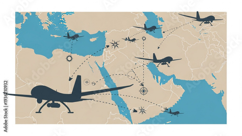 Aerial view of aircraft navigating through global routes on a map with various symbols and markings indicating travel and transportation