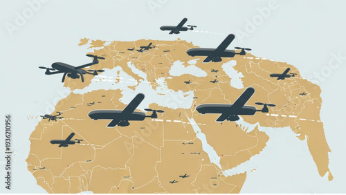 Military aircraft flying over a world map illustration depicting global surveillance from a top-down viewpoint