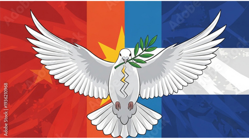 A white dove flying with an olive branch in its beak against a multicolored background
