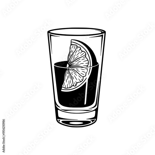 Black and white vector illustration of a classic tequila shot glass containing clear liquor served with a wedge of citrus fruit, perfect for bar menus.