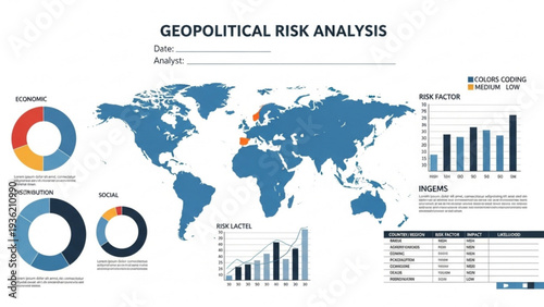 Global Geopolitical Risk Analysis Infographic Displaying World Map with Charts and Graphs