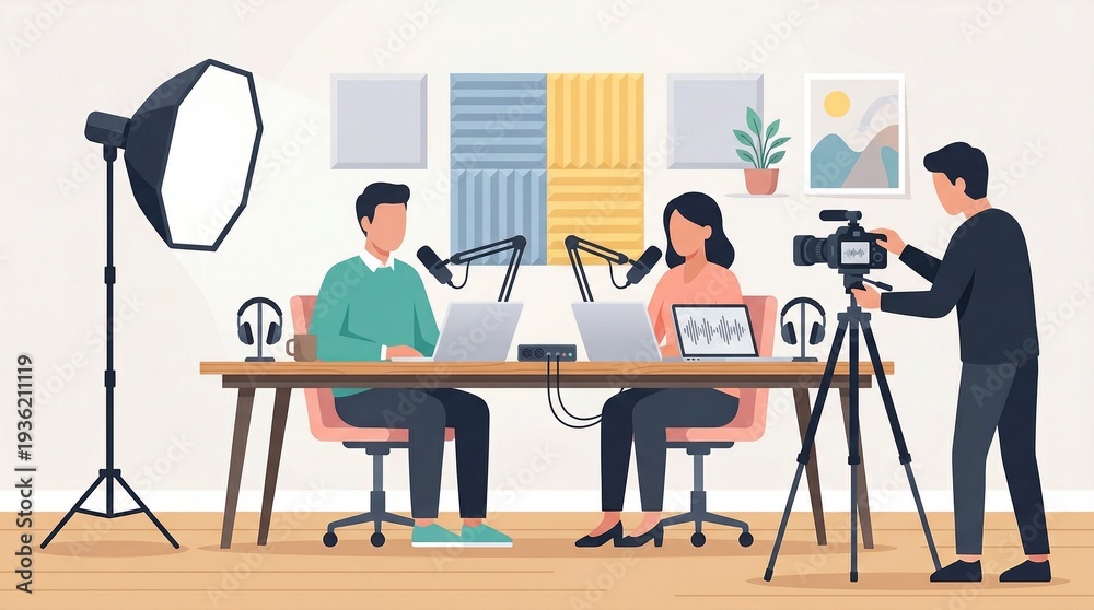 Fototapeta premium Recording a podcast with a video camera and professional audio equipment in a modern studio setup