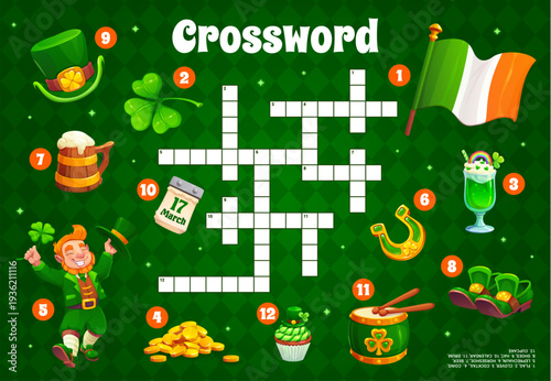 Crossword quiz game grid with St Patrick Day characters. Irish holiday vector worksheet of word puzzle game. Cartoon leprechaun, St Patrick Day lucky shamrock, horseshoe and green beer crossword quiz