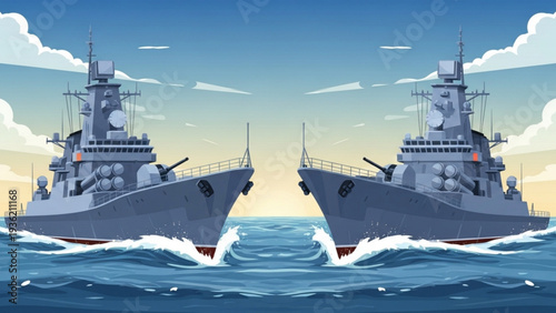 Two warships facing each other in the ocean with cloudy sky in the background, reference 39.svg