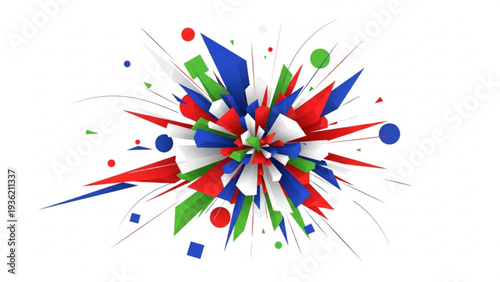 Abstract graphic illustration of dynamic shapes and colors exploding from center, featuring splashes, fragments, and vibrant hues in a digital artwork.