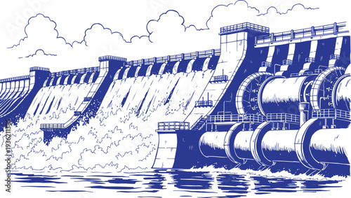 Hydroelectric Dam with Turbines Vector Illustration, Renewable Energy Power Plant Black Line Art, Hydropower Station Engineering Outline Drawing, Water Electricity Generation Industrial Infrastructure