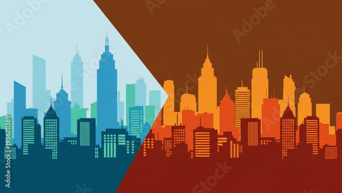 Cityscape divided into day and night scenes with skyscrapers and buildings in a graphic illustration view