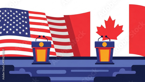 Voting booths with USA and Canada flags in the background, depicting electoral process